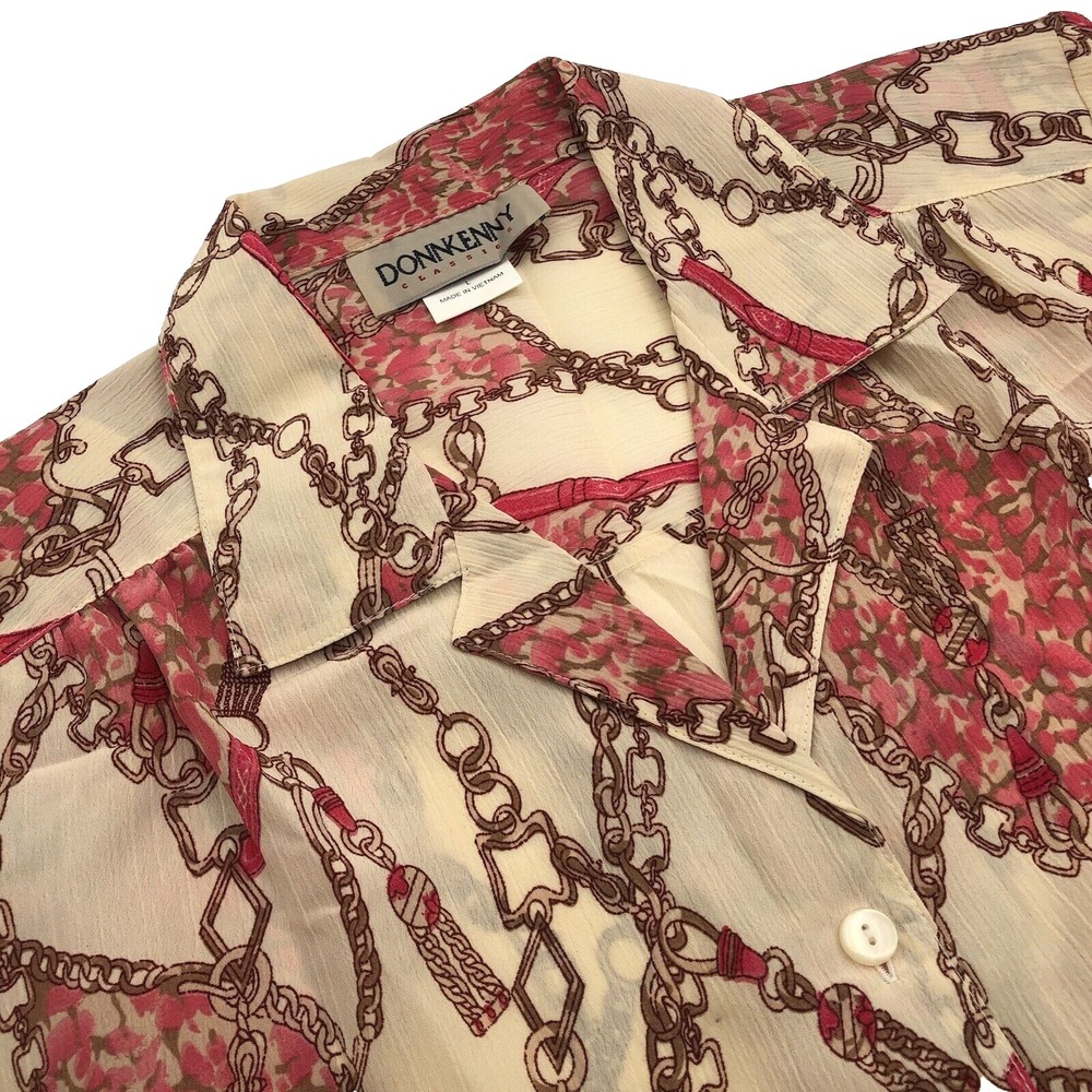 Donkenny Button Shirt Women L Tan Pink Chains Geometric Short Sleeve Lightweight